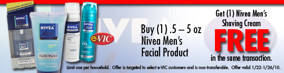 Buy any (1) .5 - 5 oz Nivea Men's Facial Product and Get (1) Secret Nivea Men's Shaving Cream FREE!