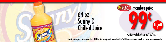 Sunny D Chilled Juice - 64 oz : eVIC Member Price - $0.99 ea - Limit 1 