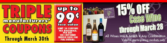 Triple Manufacturers' Coupons up to $0.99 Face Value Through March 30, 2010!!  Limit 20 coupons per household per Day.