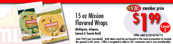 Mission Flavored Wraps (Multigrain, Jalepeno, Spinach & Tomato Basil) - 15 oz : eVIC Member Price - $1.99 - Limit 2