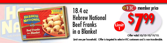 Hebrew National Beef Franks in a Blanket - 18.4 oz : eVIC Member Price - $7.99 ea - Limit 1  