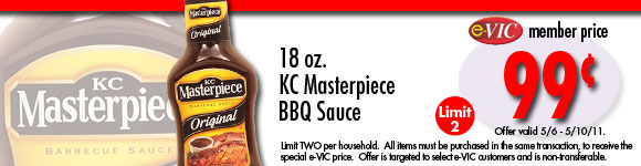 KC Masterpiece BBQ Sauce - 18 oz : eVIC Member Price - $0.99 ea - Limit 2